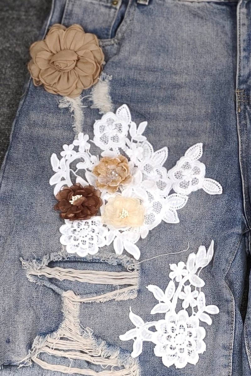 Floral Lace Embellished Denim Shorts