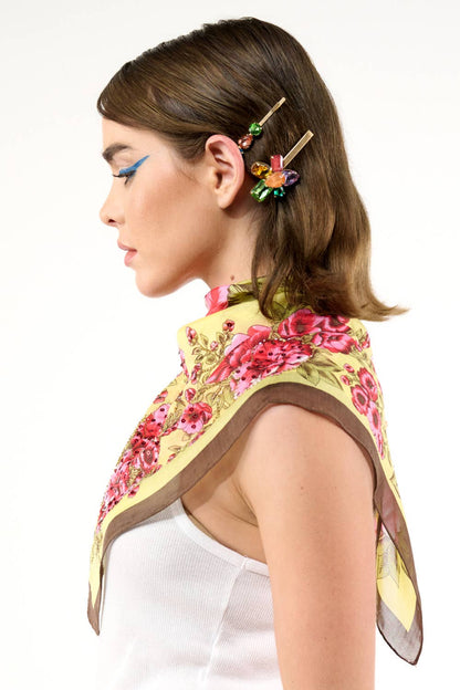 Yellow Rose Hand Embellished Bandana Scarf