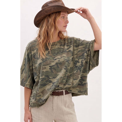 Camo Washed Loose Fit Sweatshirt Top