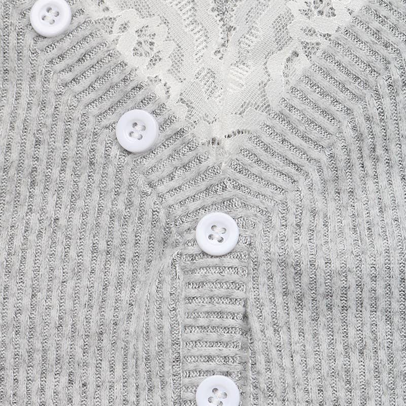 Lace Trim Button Front Ribbed Knit Top
