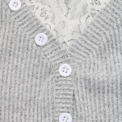 Lace Trim Button Front Ribbed Knit Top
