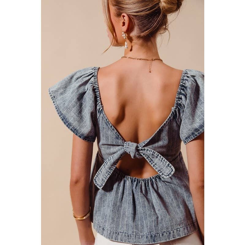 WASHED STRIPE DENIM BABYDOLL TOP WITH BACK OPENING