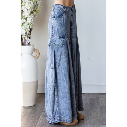 WASHED PLEATED  WIDE LEG TENCEL PANTS