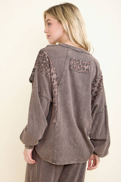 Mineral Washed  Leopard Fringe Terry Top