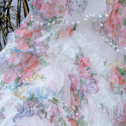 Beaded Floral Mesh Layered Skirt