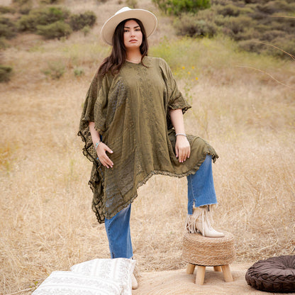 Boho Lace Embroidered V-Neck Asymmetrical Kaftan Top