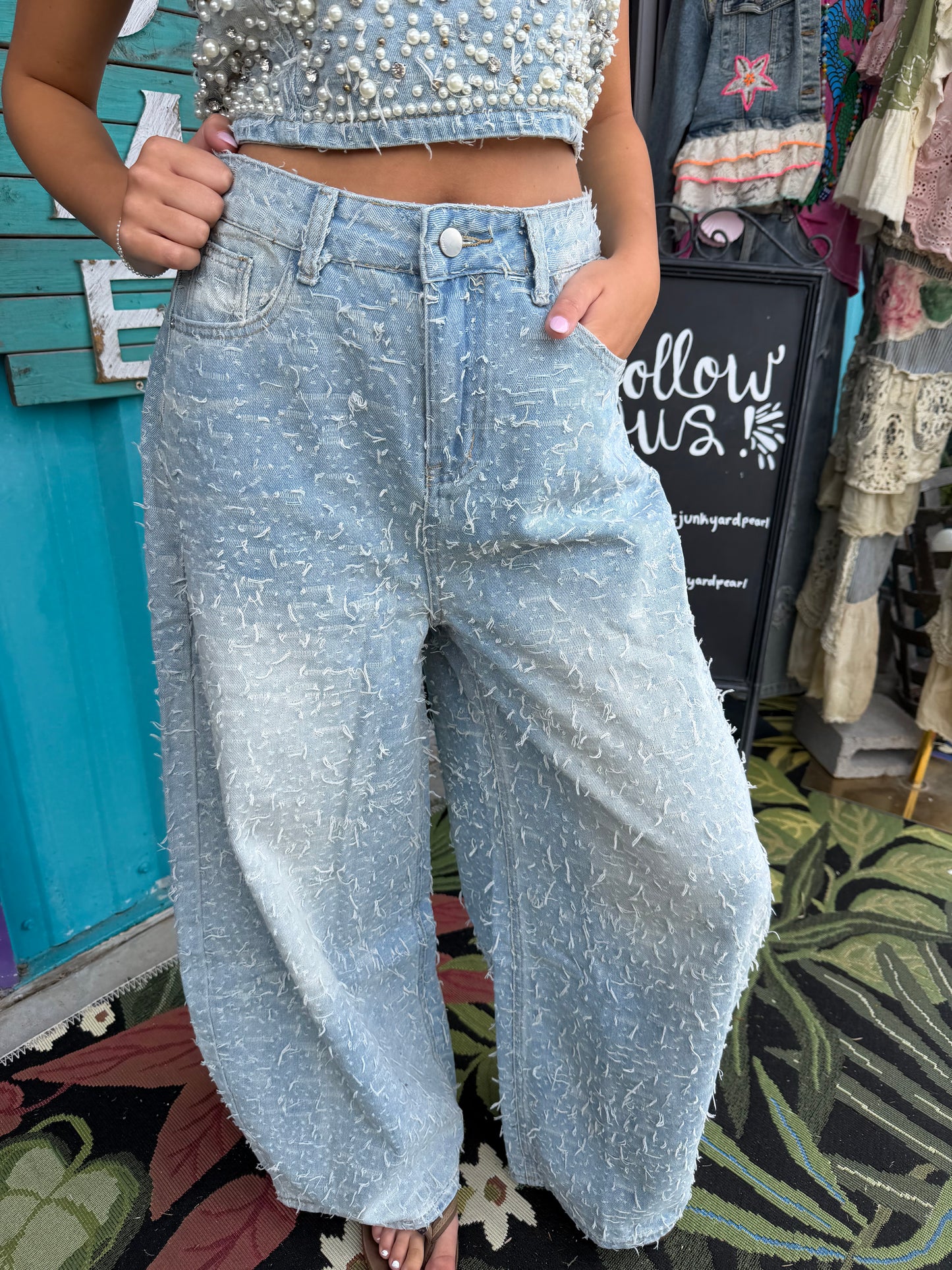Pearl Beaded Bustier and Vintage Denim Pants Set