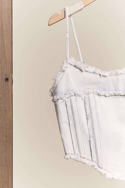 Raw Hem Spaghetti Strap Denim Corset Top
