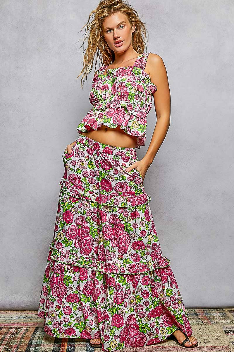 Wide-Leg Tiered Ruffle Edge Elastic Waist Floral Pants