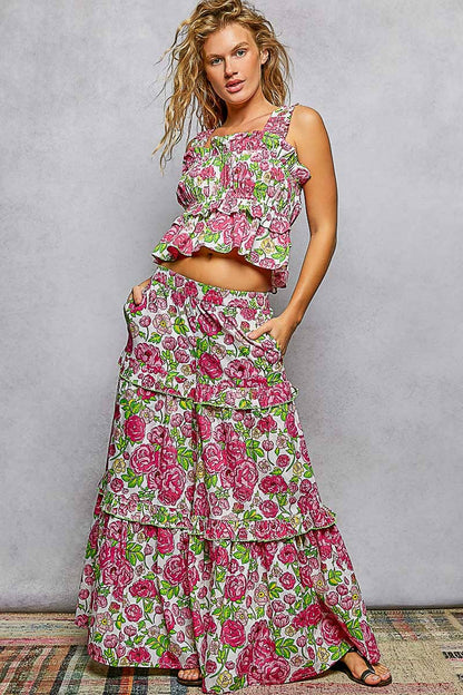 Wide-Leg Tiered Ruffle Edge Elastic Waist Floral Pants