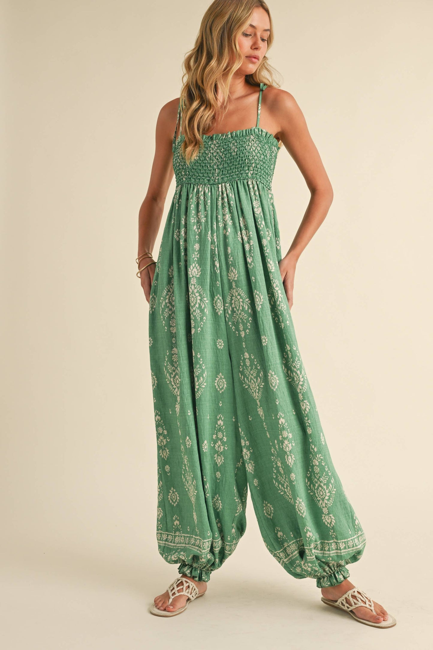 GREEN SMOCKED BALLOON JUMPSUIT