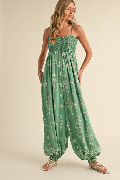 GREEN SMOCKED BALLOON JUMPSUIT