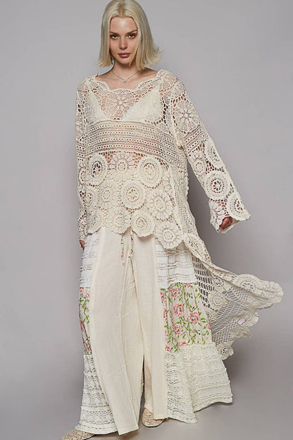 Round neck long sleeve elongated crochet top