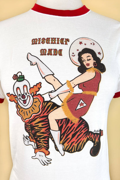 Clown In Around Unisex Ringer Tee in White/Pio Red