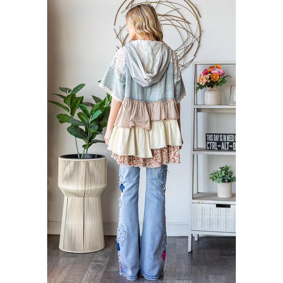 TIERED RUFFLE HOODED SHORT SLEEVE JACKET