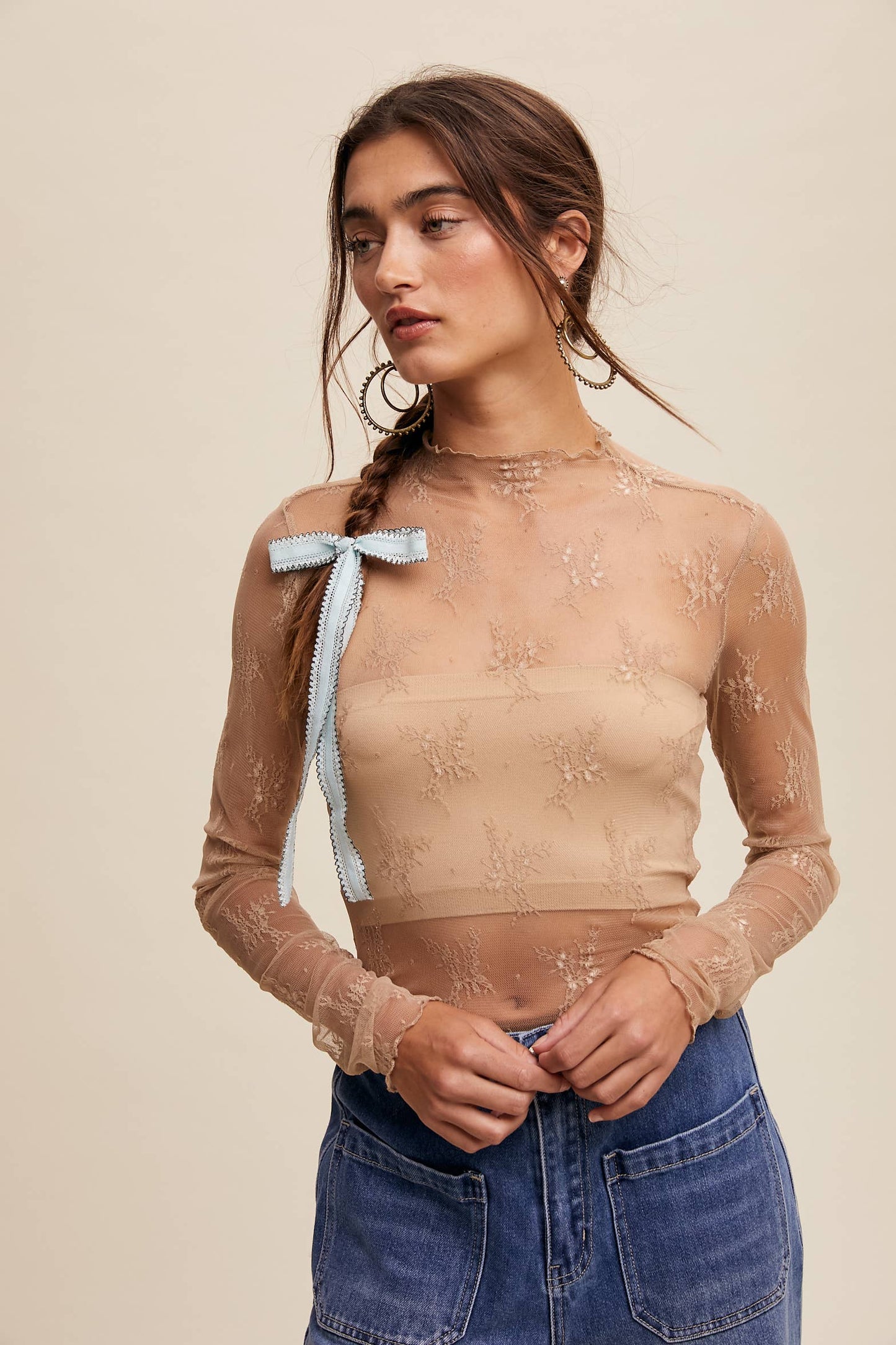 Sheer Lace Long-Sleeve Layering Top