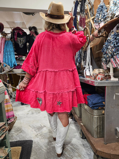 Hot Pink Cotton Star Heart Top - Mini Dress