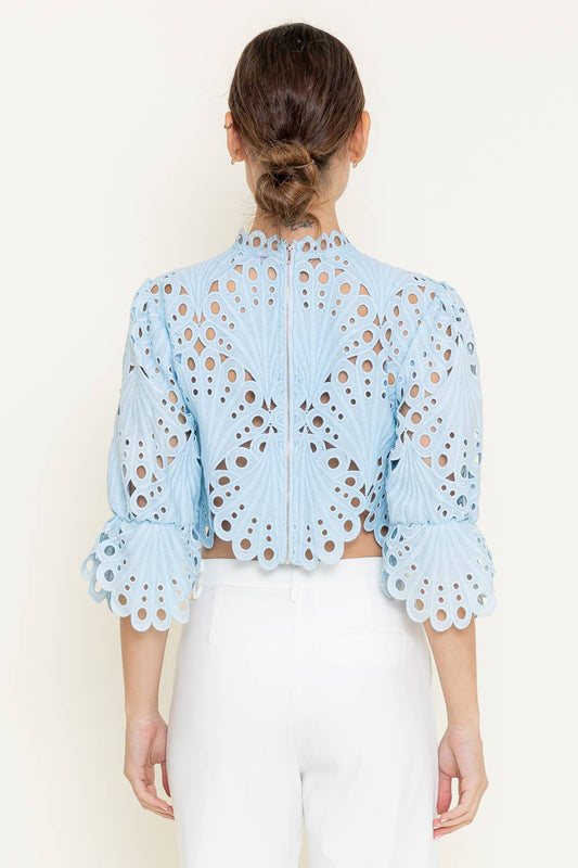 EYELET EMBROIDERY SCALLOP HEM CROP TOP