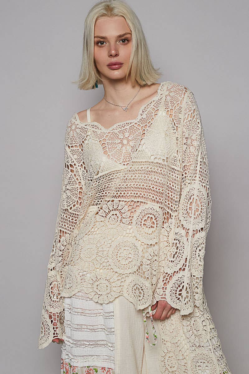 Round neck long sleeve elongated crochet top