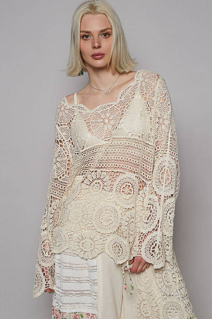 Round neck long sleeve elongated crochet top