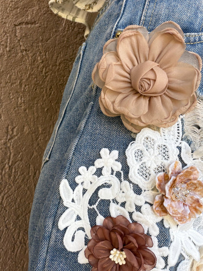 Floral Lace Embellished Denim Shorts