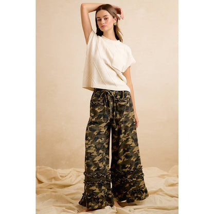 CAMOUFLAGE PRINTED TWILL RUFFLED DETAIL WIDE PANTS