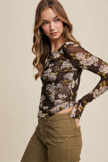 Floral Mesh Long Sleeve Layering Top