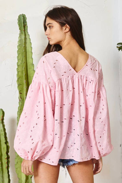 Puff Sleeve Eyelet Lace Babydoll Tunic Top