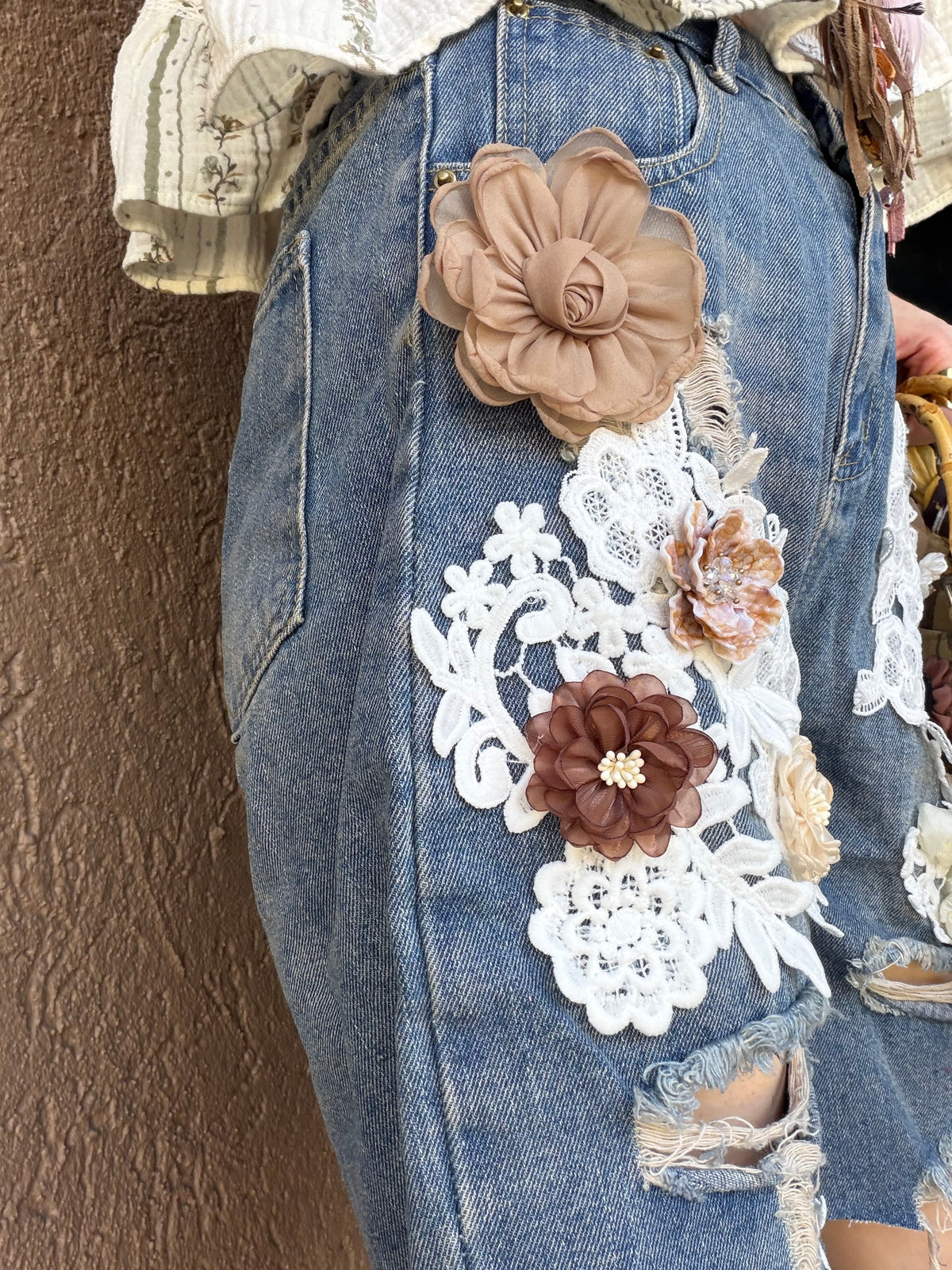 Floral Lace Embellished Denim Shorts