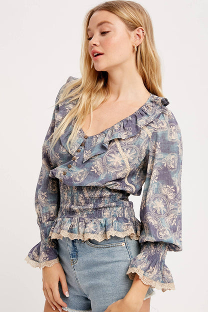 Boho Paisley Smocked Peplum Blouse