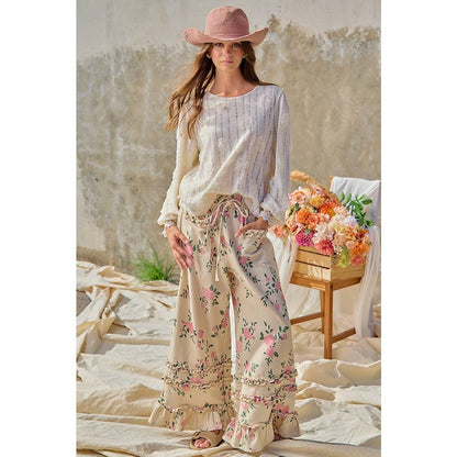 WASHED FLOWER PRINTED TWILL RUFFLED DETAIL WIDE PANTS