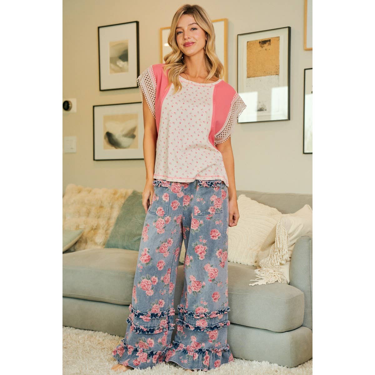 WASHED FLORAL DENIM WITH RUFFLE ELASTIC WIDE PANTS