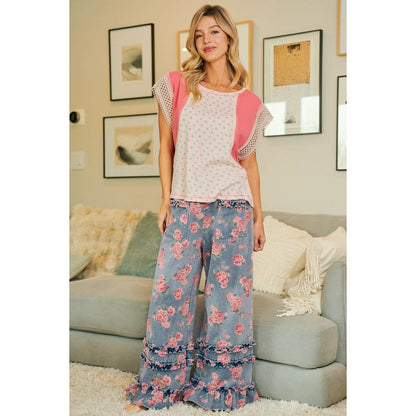WASHED FLORAL DENIM WITH RUFFLE ELASTIC WIDE PANTS