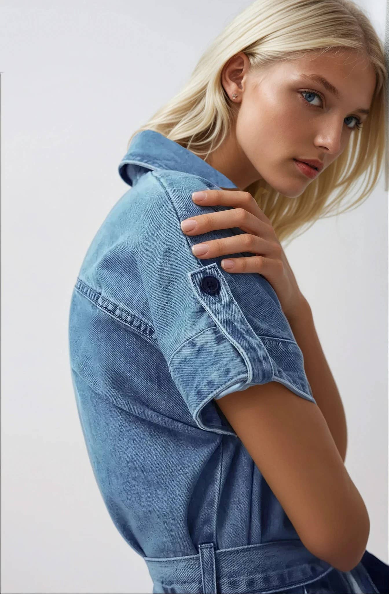TIERED DENIM MINI DRESS WITH WAIST SASH