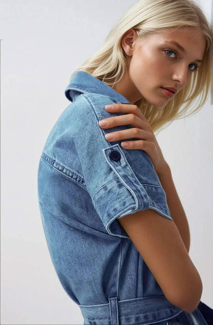 TIERED DENIM MINI DRESS WITH WAIST SASH