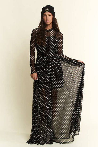 POLKA DOT PRINT MESH MAXI DRESS