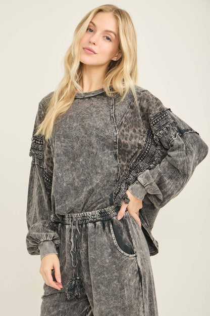 Mineral Washed  Leopard Fringe Terry Top