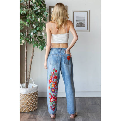 WASHED FLOWER EMBROIDERY DENIM JEANS