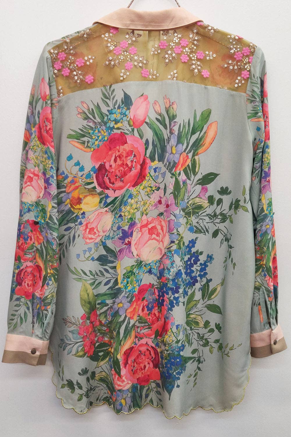 Roma Shirt | Floral Button Down Shirt | Sequin Mesh Detail