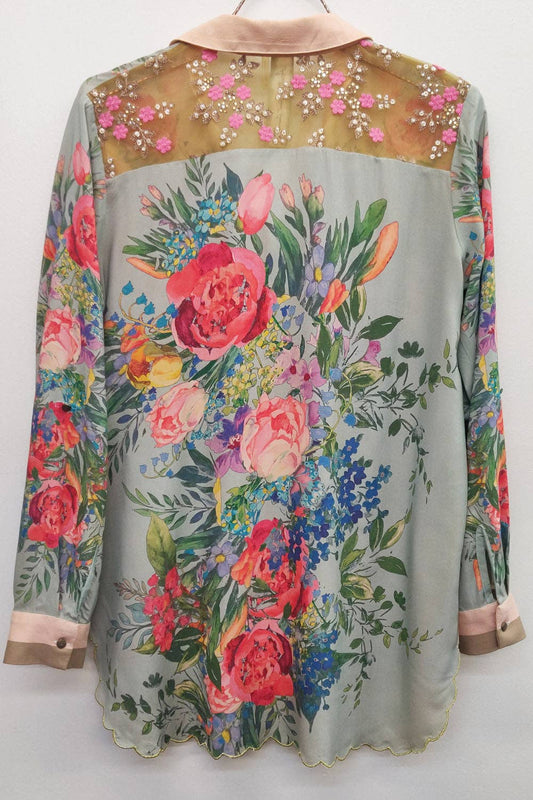 Roma Shirt | Floral Button Down Shirt | Sequin Mesh Detail
