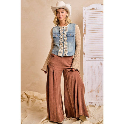 WOMEN WASHED DENIM RUFFLE LAYERING VEST