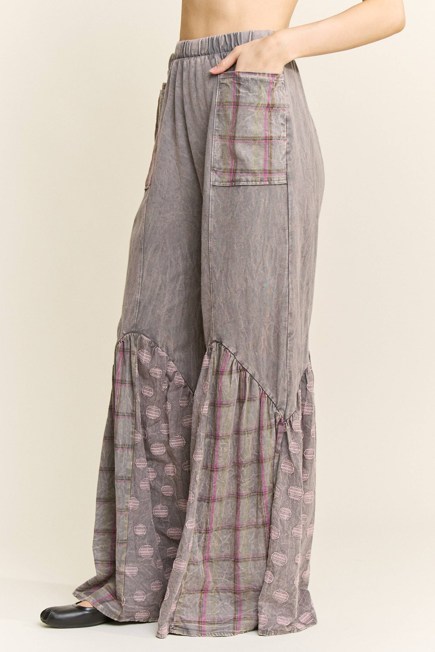 Mineral Washed Boho Pattern Patched Pants
