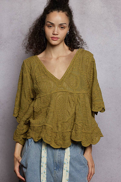 Short Sleeve V-neck Vintage Washing Solid Crochet Top