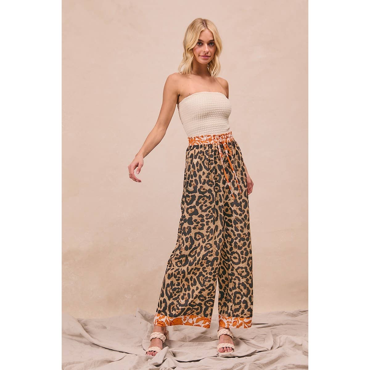 LEOPARD PRINT WITH CONTRAST BANDED WIDE PANTS