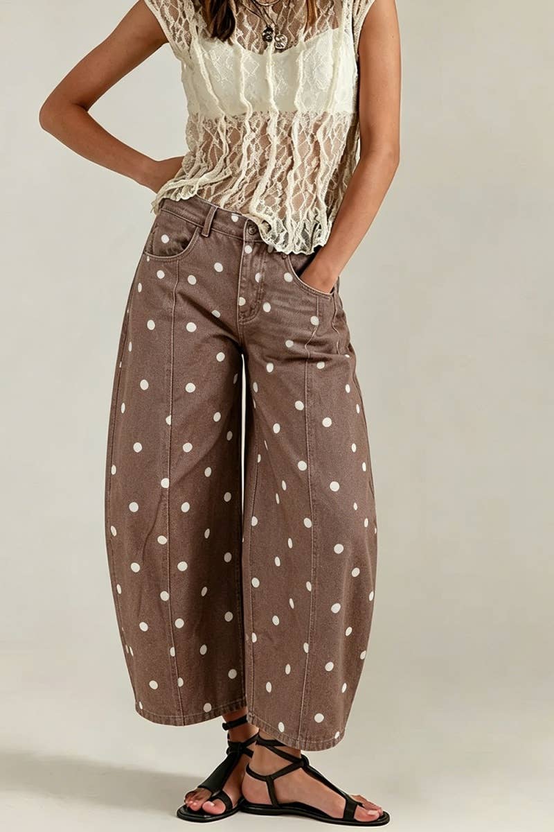 Cotton Polka Dot Wide Leg Barrel Pants