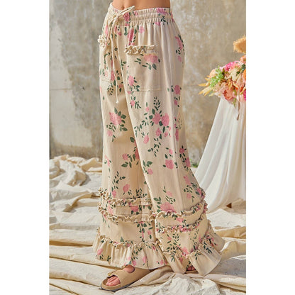 WASHED FLOWER PRINTED TWILL RUFFLED DETAIL WIDE PANTS