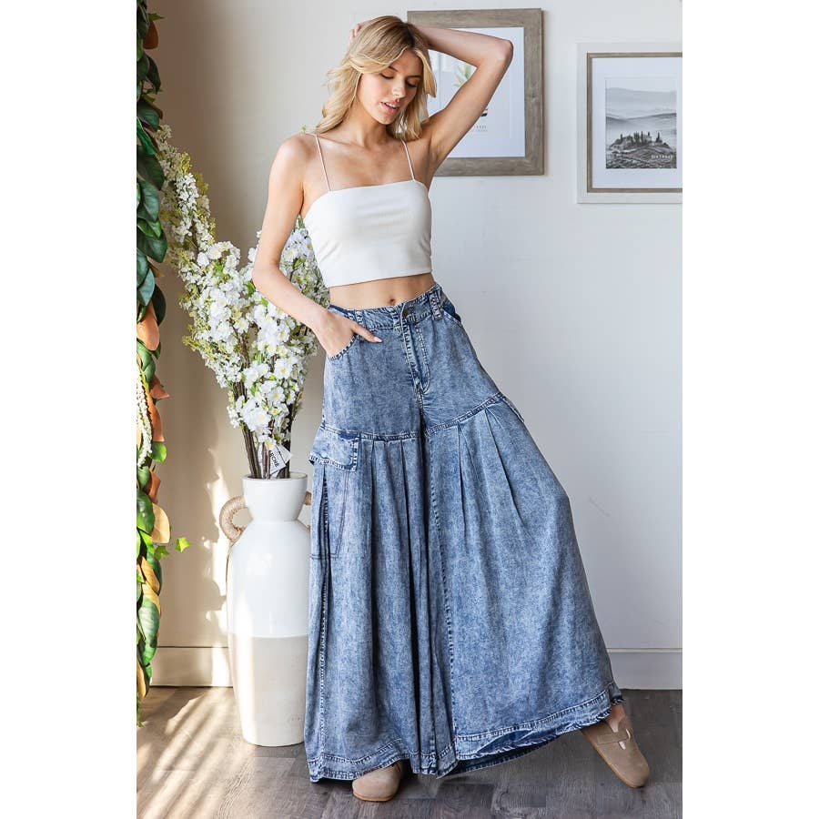 WASHED PLEATED  WIDE LEG TENCEL PANTS