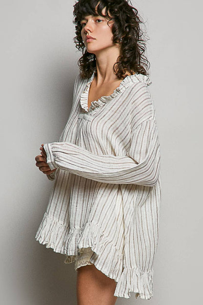 Deep V-Neck Stripe Cotton Ruffle Blouse
