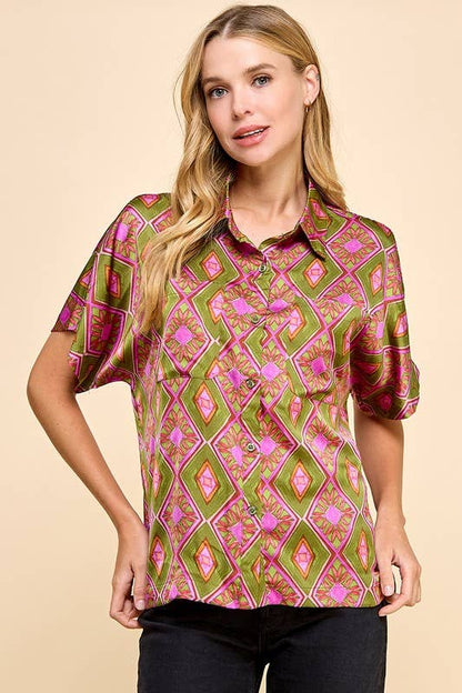 Green and Fuchsia Abstract Printed Button Down Top
