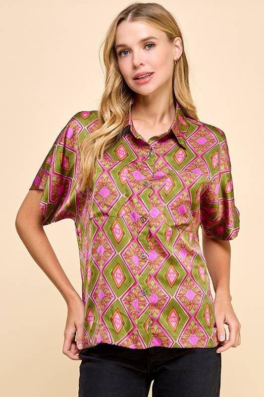 Green and Fuchsia Abstract Printed Button Down Top